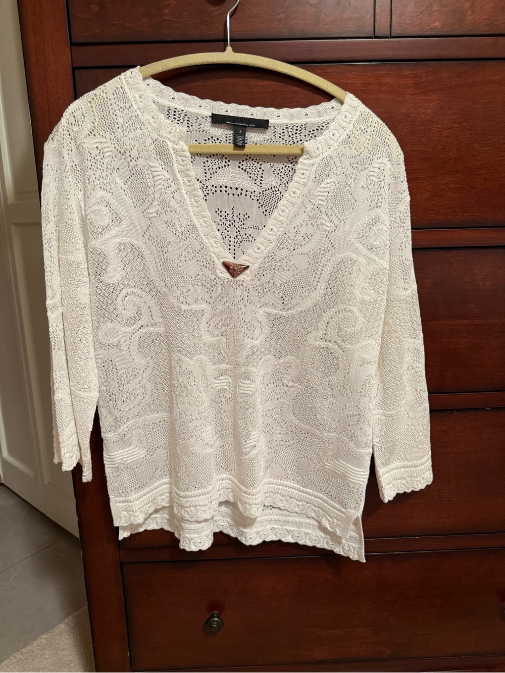 White House Black Market Ivory Crochet V-Neck Tunic